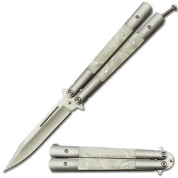 Tactical Balisong Butterfly Knife White Pearl Handles