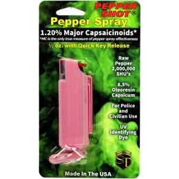 Pepper Shot 1.2% MC 1/2 oz pepper spray hard case belt clip and quick release keychain pink