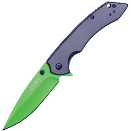 Assisted Open Folding Pocket Knife with Grey handle and Green Blade