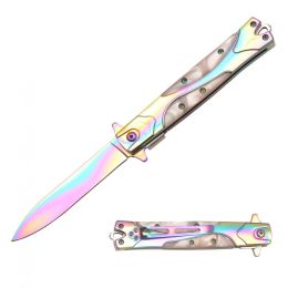 Rainbow Stiletto Style Spring Assisted Knife - White PearlHandle