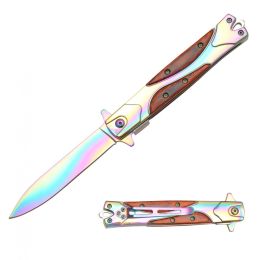 Rainbow Stiletto Style Spring Assisted Knife - Wood Handle