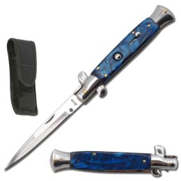 9.75" Italian Milano Stiletto Blue Pearl Handle Automatic Knife